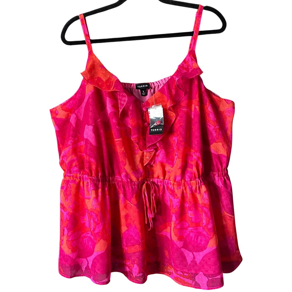 Torrid Chiffon Clip Dot Ruffle Tie Waist Tank Shady Rose Floral Pink 3 3X New